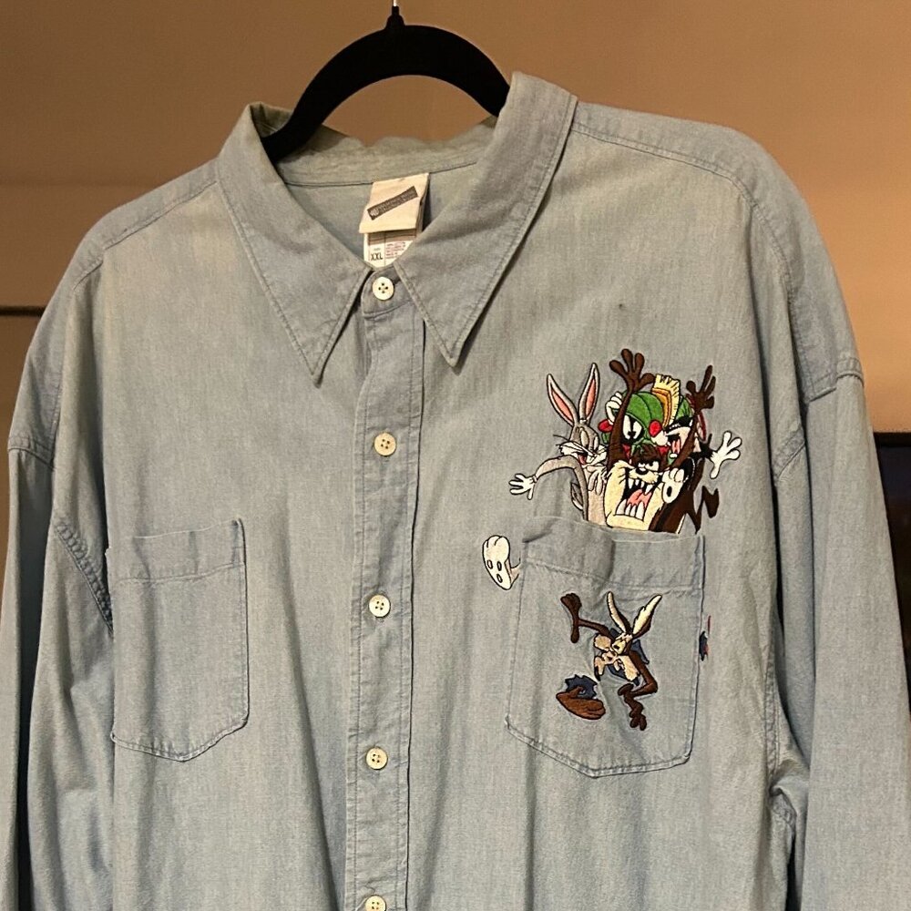 Vintage Warner Bros. Looney Tunes Denim Collared Shirt (XXL)